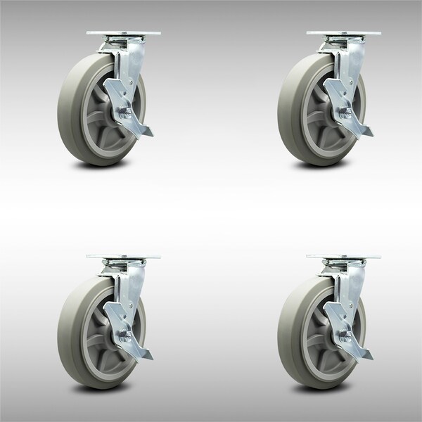 8 Inch SS Thermoplastic Rubber Caster Set with Roller Bearings&Brake/Swivel Lock
